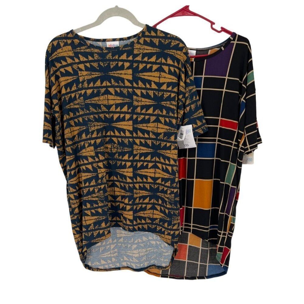 LuLaRoe Irma Tunic Top Womens Size XXS Colorblock Abstract Lot of 2 New